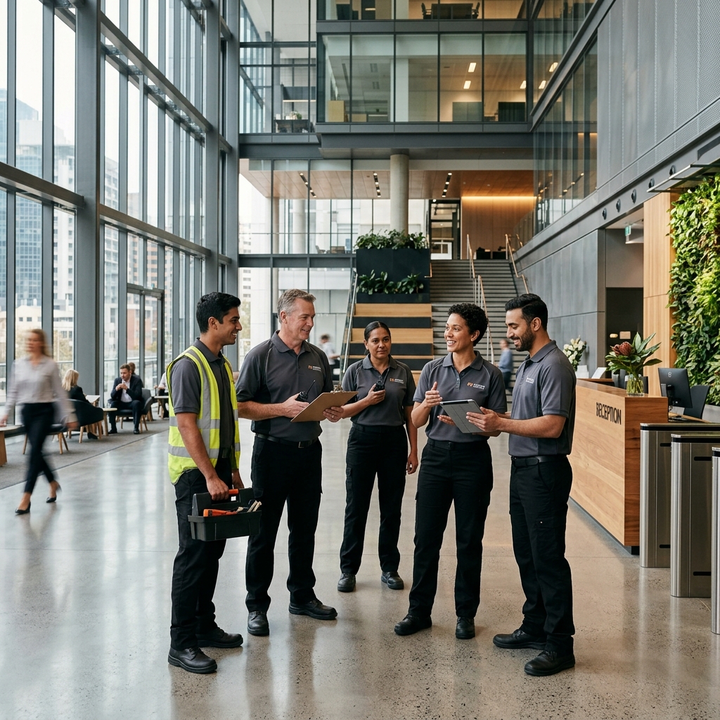 ApexiaCorp facility management team in modern office lobby
