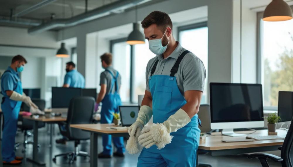 Professional cleaner maintaining a corporate office environment