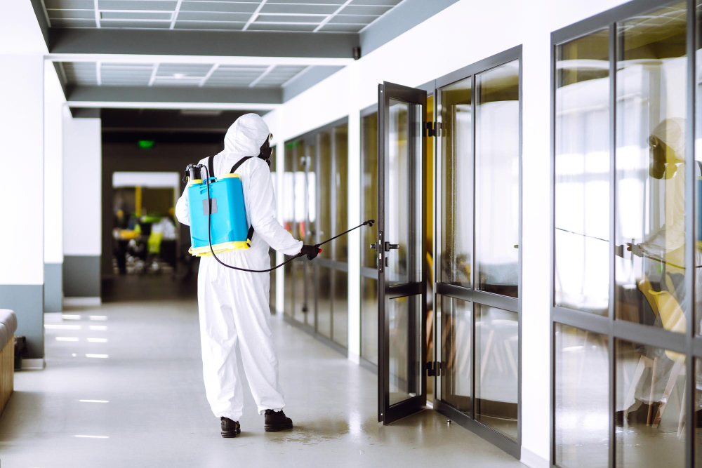 Technician performing hospital-grade disinfection in a clinical setting